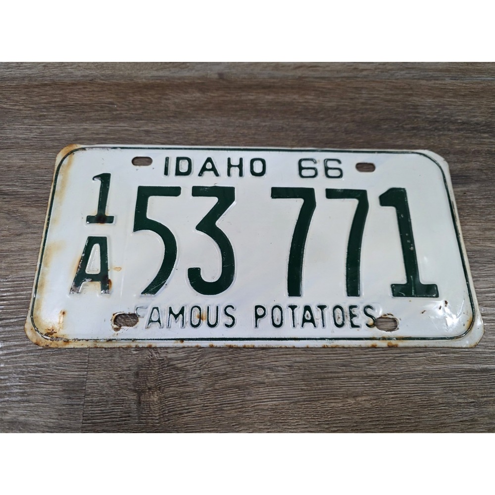 1966 Green & White Idaho License Plate 1A 53 771 Famous Potatoes 66 Vintage